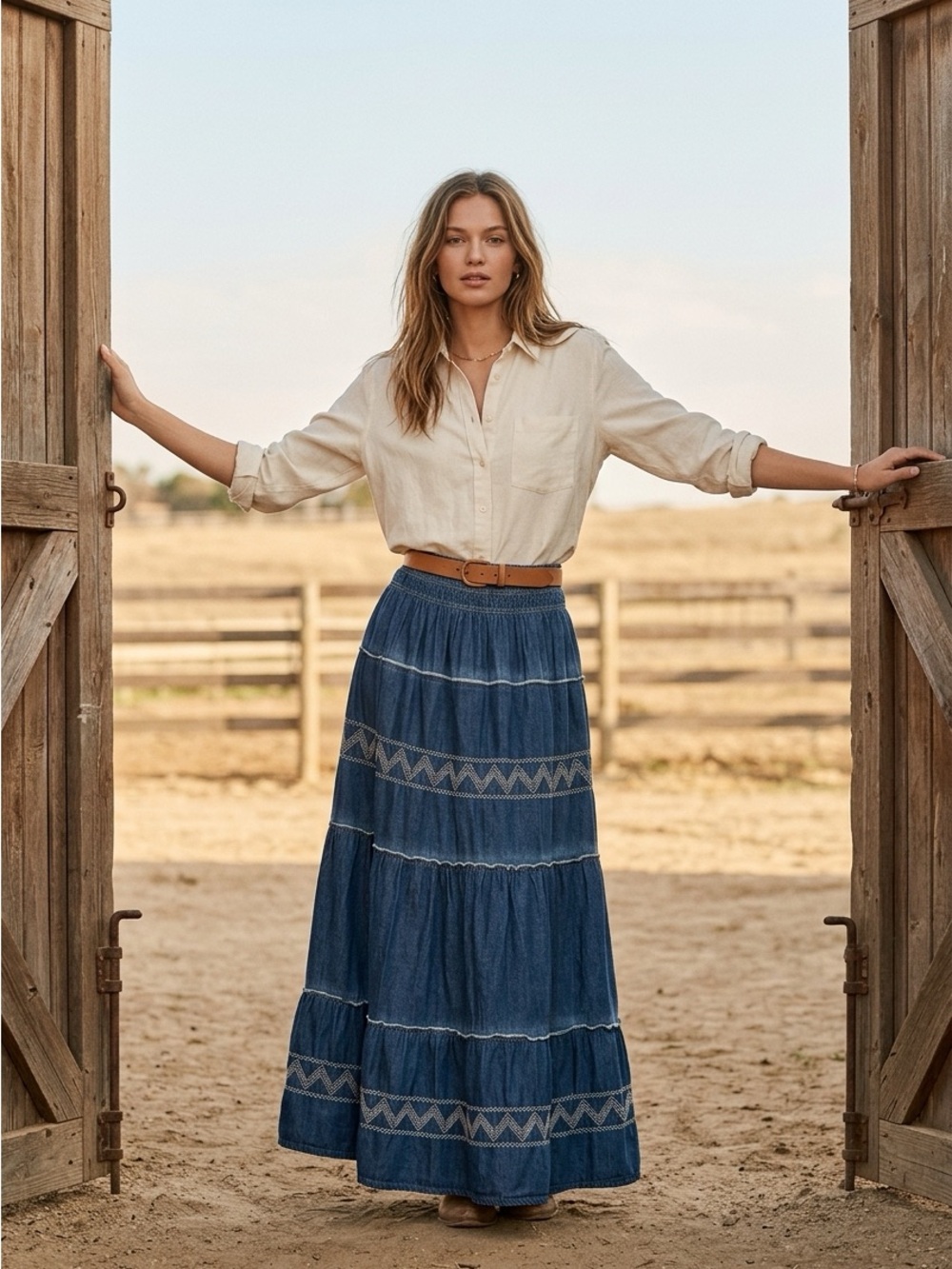 Indigo & Lace Size 8 Chambray Tiered Design Maxi Skirt Chevron Trim Bohemian